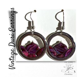 Vintage Duri Abalone Inlay Earrings | Silver Tone Design